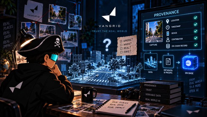 A digital illustration shows a person in a pirate hat and sunglasses looking at holographic projections for 'VANGRID', with text 'TRUST THE REAL WORLD' and a 'PROVENANCE' checklist including LOCATION, TIMESTAMP, DEVICE, and CONTRIBUTOR.