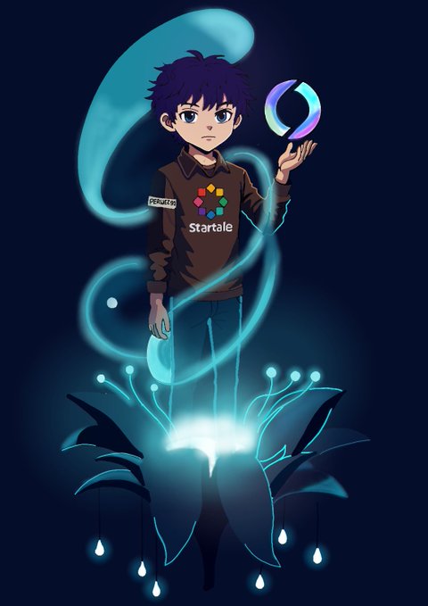 Anime-style digital artwork showing a young man with dark hair wearing a brown 'Startale' hoodie, holding a glowing iridescent ring, standing above a stylized flower with glowing blue tendrils and light droplets on a dark blue background.