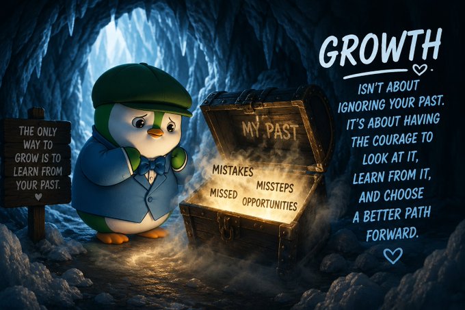 An inspirational illustration of a sad penguin in a cave looking at an open treasure chest labeled 'MY PAST' containing 'MISTAKES, MISSED OPPORTUNITIES, MISSTEPS,' with text reading 'GROWTH ISN'T ABOUT IGNORING YOUR PAST. IT'S ABOUT HAVING THE COURAGE TO LOOK AT IT, LEARN FROM IT, AND CHOOSE A BETTER PATH FORWARD.'