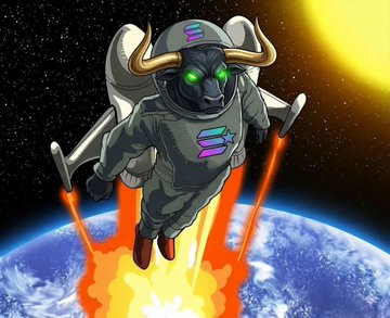 A futuristic bull astronaut in a space suit rockets toward Earth with glowing jet thrusters, featuring a star and rainbow insignia on the helmet and chest, symbolizing a bullish charge into the cosmos. The meme ties into $WSS (WallStreetShift) by combining the classic bull market symbol with a space-age twist, suggesting an ambitious launch for the memecoin on Solana.