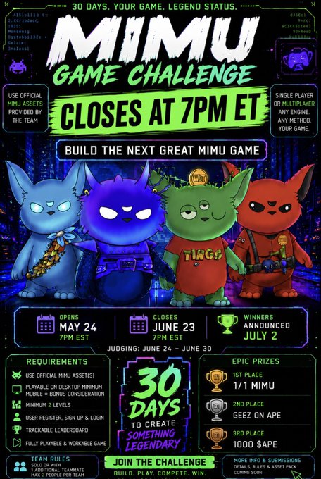 A promotional poster for the 'MIMU GAME CHALLENGE' closing at 7PM ET, featuring cartoon cat characters and prize details for 1st place (1/1 MIMU), 2nd place (GEEZ ON APE), and 3rd place (1000 $APE).