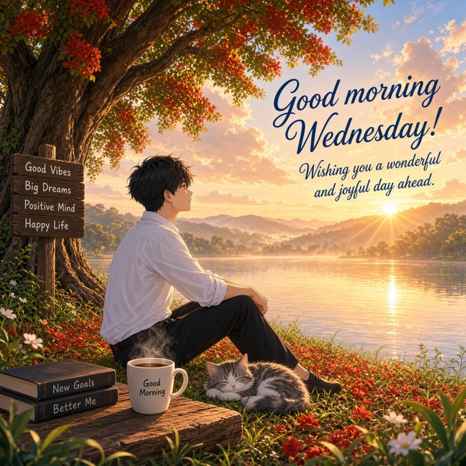 An illustrated 'Good morning Wednesday!' greeting showing a young man sitting by a lake at sunrise next to a sleeping cat, with a sign reading 'Good Vibes Big Dreams Positive Mind Happy Life' and books titled 'Better Me' and 'New Goals'.