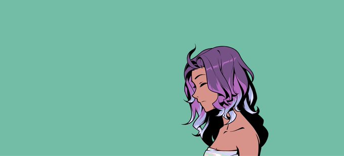 An anime-style digital illustration of a girl with wavy purple hair looking to the side, set against a plain teal background.