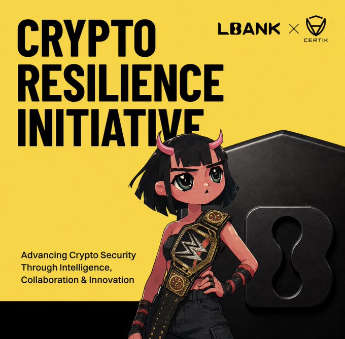 Promotional graphic for LBank x Certik's "Crypto Resilience Initiative" with the tagline "Advancing Crypto Security Through Intelligence, Collaboration & Innovation," featuring an anime-style character wearing a championship belt beside a black vault icon.