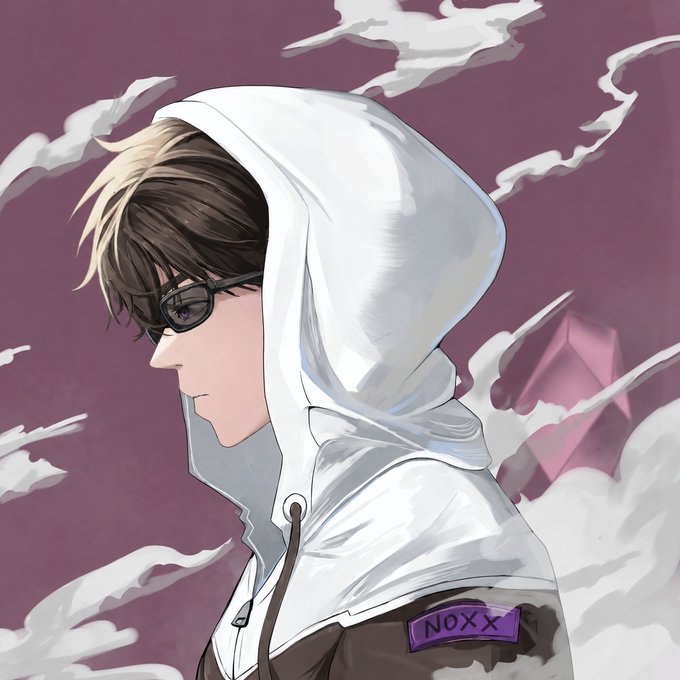 An anime-style illustration of a young man with brown and blonde hair wearing glasses and a white hoodie with a purple "NOXX" patch on the sleeve, set against a purple sky with clouds.
