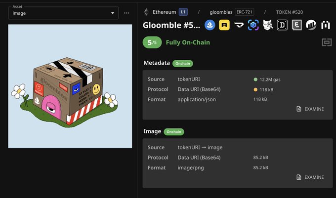 A screenshot of an NFT details page showing "Gloomble #5..." on Ethereum (ERC-721, token 520) with a "Fully On-Chain" 5/5 rating, displaying on-chain metadata (tokenURI, Data URI Base64, application/json) and an on-chain image (image/png, 85.2 kB) of a cardboard box with playful logos. The image supports the post's theme of transparency and exploration, highlighting that all NFT data—metadata and artwork—is stored directly on the blockchain rather than relying on external servers, inviting viewers to examine the mechanics behind fully on-chain assets.