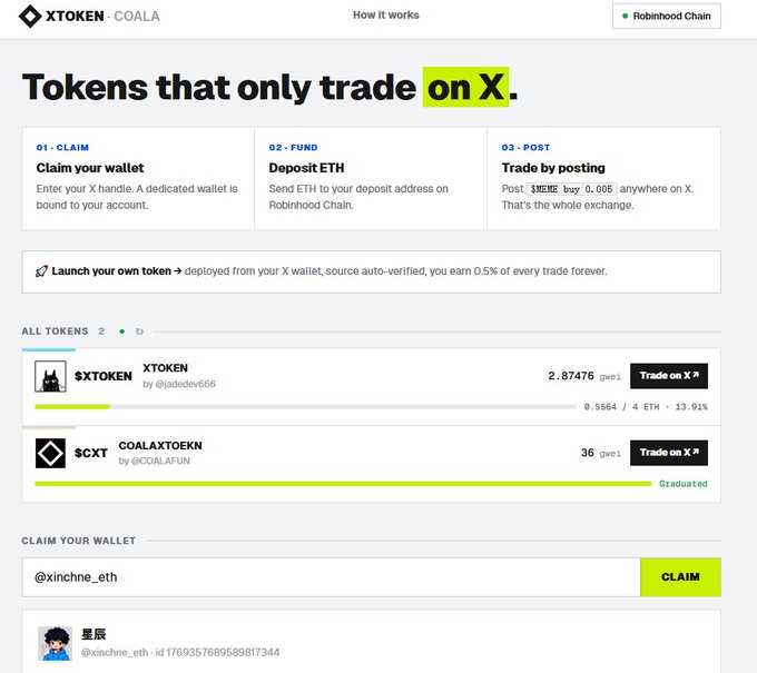 Screenshot of the xToken-Coala website explaining how to trade tokens on X, with three steps (Claim, Fund, Post) and a list showing $XTOKEN and $CXT tokens on Robinhood Chain.
