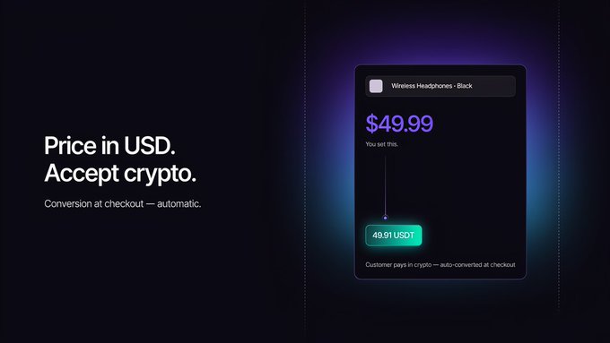 Marketing graphic stating 'Price in USD. Accept crypto.' with an example showing wireless headphones listed at $49.99, auto-converted to 49.91 USDT at checkout.