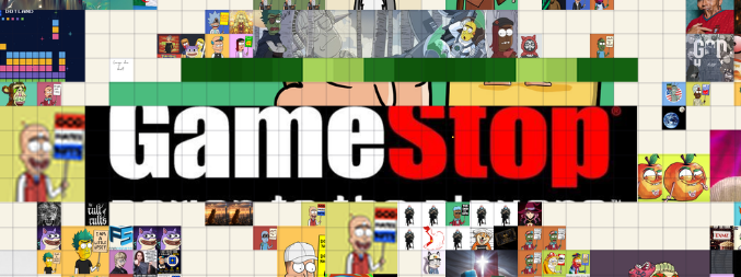 A collage-style image featuring the red and white 'GameStop' logo prominently in the center, surrounded by various pixelated meme characters.