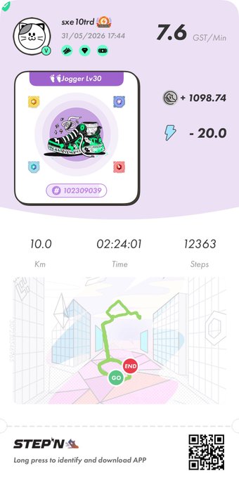 The image shows a purple screen with white text, displaying information about an app called "Stepn" that tracks physical activity. The app has been activated by a user named "Stepn", and they have completed 7 laps around a track. The app also provides details on their location and the distance covered during each lap.