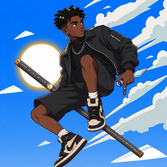 An anime-style illustration of a young man with dreadlocks wearing all black and Jordans, holding a katana and a kunai knife, posed against a blue sky with clouds and a bright sun.