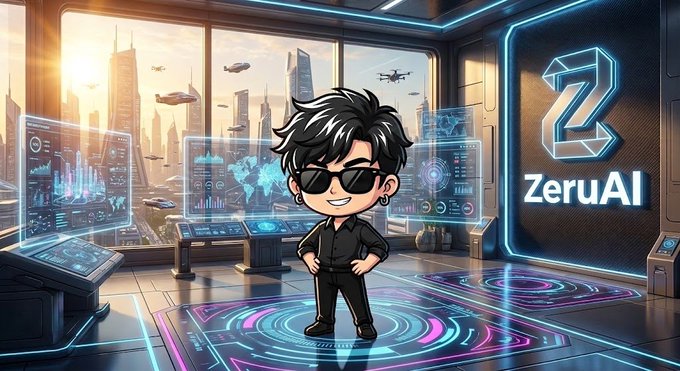 A chibi-style character wearing sunglasses stands confidently in a futuristic high-tech command center, with holographic data displays and a futuristic cityscape visible through the windows. The right side features a glowing neon logo for "ZeruAI," matching the post's theme of Zeru Finance's AI-powered system that converts past trading data into Zaps points.

The image visually reinforces the post's message by portraying ZeruAI as a smart, sophisticated technology analyzing data—symbolizing how the AI evaluates onchain behavior to fairly reward genuine users rather than bots farming points.