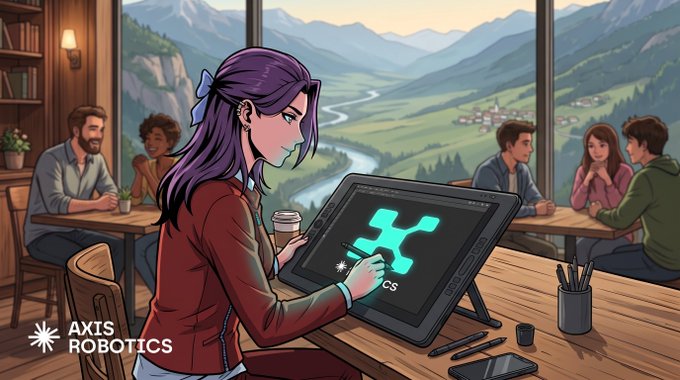 An illustration depicts a purple-haired woman drawing on a digital tablet displaying an 'X' logo with 'CS', while the 'AXIS ROBOTICS' logo appears in the corner.