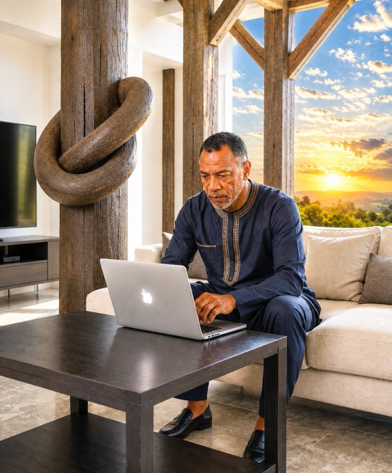 A man in traditional African attire sits focused on a silver Apple MacBook laptop at a coffee table in a modern living room, with a striking rope-knotted wooden pillar beside him and a sunset visible through large windows. The image symbolizes the deceptive illusion of "rewards" — much like the eye-catching airdrop bait projects like Ice Network dangle — that often mask the silent financial ruin unfolding behind the scenes.