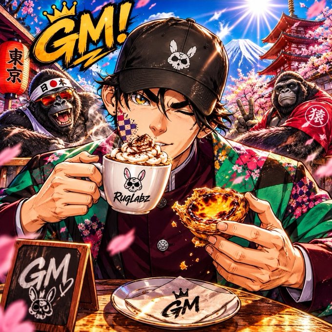 A vibrant anime-style 'GM!' (Good Morning) illustration featuring a character drinking from a RugLabz mug and holding a pastry, surrounded by monkeys, Mount Fuji, cherry blossoms, and a Tokyo pagoda.