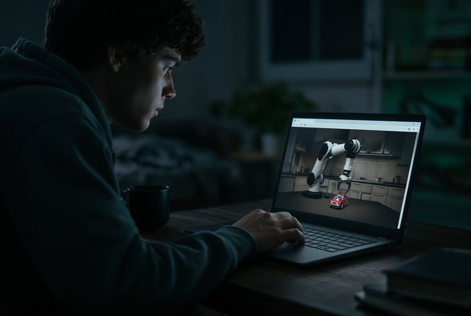 A young man in a dark hoodie sits in a dimly lit room, focused on a laptop screen displaying a 3D rendering of a robotic arm in a kitchen scene.
