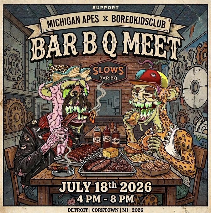 A colorful illustrated poster for a 'Michigan Apes x BoredKidsClub Barb B Q Meet' event at Slows Bar B Q on July 18th 2026, 4 PM - 8 PM in Detroit's Corktown neighborhood, featuring cartoonish ape characters enjoying barbecue.