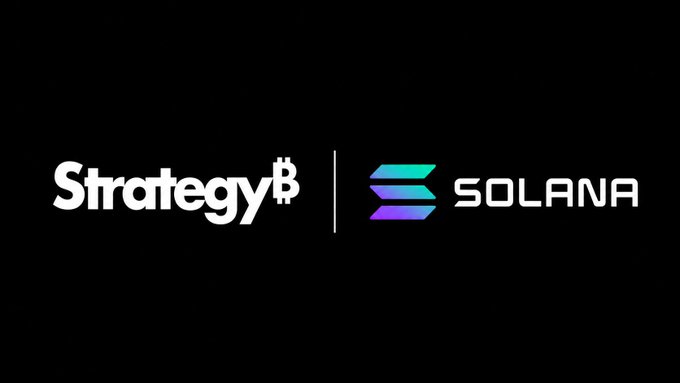 A black background displaying the white 'Strategy B' logo alongside the Solana logo in a teal-to-purple gradient.