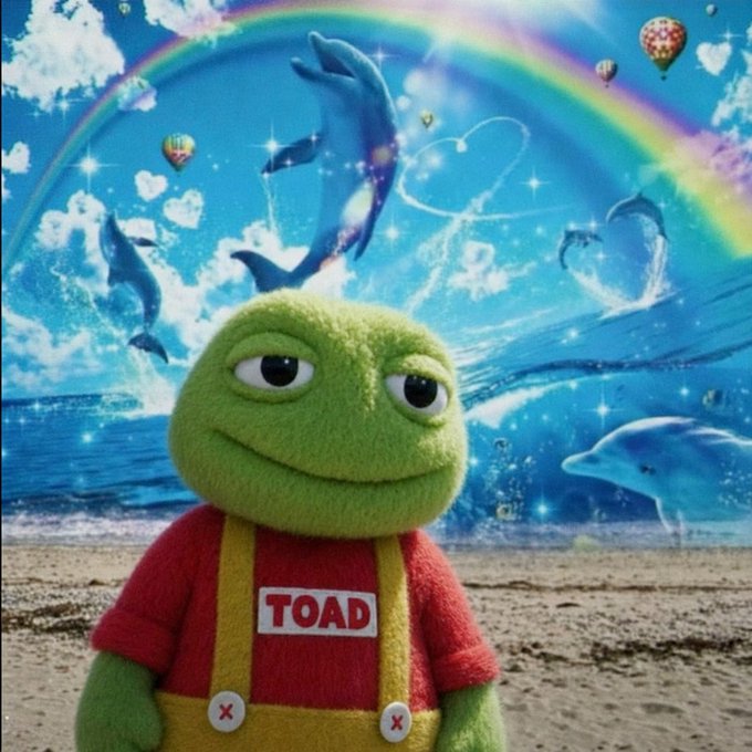 A green felt-like frog character wearing a red 'TOAD' shirt with yellow overalls, posed in front of a surreal beach backdrop featuring dolphins, hot air balloons, and a rainbow.