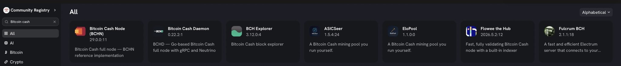 A dark-themed software directory interface titled 'Community Registry' showing various Bitcoin Cash applications like 'Bitcoin Cash Node (BCHN)', 'Bitcoin Cash Daemon', 'BCH Explorer', 'ASICseer', 'EloPool', 'Flowee the Hub', and 'Fulcrum BCH'.