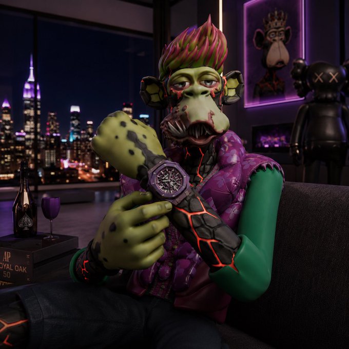 A stylized 3D render of a humanoid monkey character with green skin, pink and orange spiky hair, wearing a purple puffer vest, sitting in a modern apartment with a city skyline at night, holding up a complex black and orange watch.