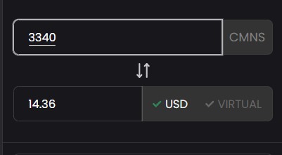 A cryptocurrency conversion interface showing 3340 CMNS converting to 14.36 USD, with toggle options for USD and VIRTUAL