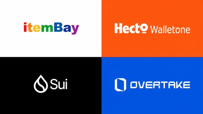 The image features four logos for different companies placed side by side against a gray background. The logos are arranged in a square format with each logo occupying its own space within the frame. The logos include "itembay", "sui", "hecto", and "overtake". Each company's logo is distinct, showcasing their unique identity and offerings.
