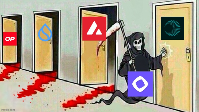 We need to write a concise 1-2 sentence caption describing what is in the image, include key text, numbers, tickers, names visible. Also note how the image relates to the post.

Image: Grim Reaper with a scythe, blood trail, four doors each with logos: first door red rectangle "OP", second door blue water drop (likely "Celestia"? Not sure), third door red square with white triangle (maybe "Avalanche"? Actually Avalanche logo is three triangles, but here is a triangle shape; could be "Avalanche"? The logo shown is a red square with white triangle shape; could be "Avalanche" or "Aptos"? Not sure. Fourth door has a dark square with teal curved lines (maybe "Monad"? Actually Monad logo is a circle with lines, maybe "Monad"? The fourth door has a dark square with a teal pattern, maybe "Monad". The reaper is