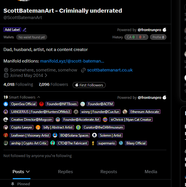 A Twitter profile screenshot for 'ScottBatemanArt - Criminally underrated' (@ScottBatemanArt) displaying bio text 'Dad, husband, artist, not a content creator,' with 4,018 Following, 7,096 Followers, Manifold editions, and a 'Smart Followers' section powered by @frontrunpro.