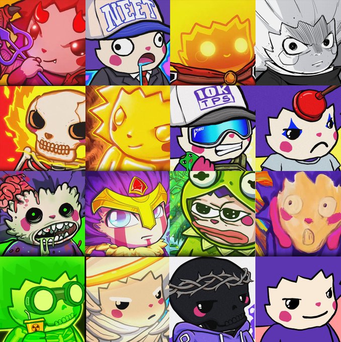 A 4x4 grid of stylized cartoon characters in various costumes and memes, featuring variations with hats like 'MEME' and '10K TPS', a flaming skull, a zombie, a frog, and a Jesus-like figure.