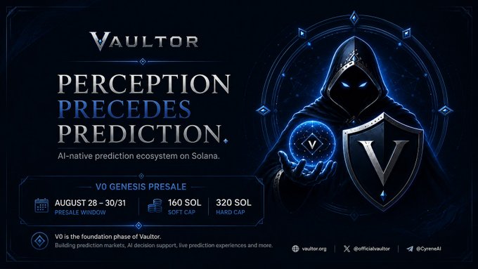 Promotional graphic for 'VAULTOR' advertising a V0 Genesis Presale on August 28-30/31 with 160 SOL soft cap and 320 SOL hard cap on Solana.