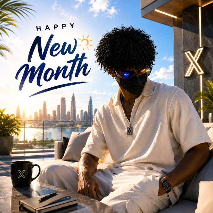 A promotional graphic reading 'HAPPY New Month' featuring a man with curly hair, glowing blue goggles, and an 'X' face mask, seated in a luxurious setting with a city skyline and water view.