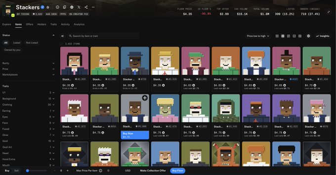A screenshot of an NFT marketplace interface for a collection called 'Stackers', displaying various pixel-art character avatars with their prices in ETH.