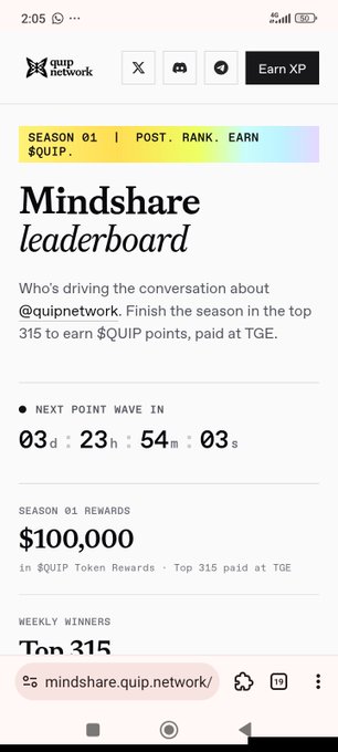 A screenshot from quip.network's Mindshare Leaderboard for Season 01 shows a countdown timer of 3 days, 23 hours, 54 minutes, and 03 seconds remaining, with $100,000 in $QUIP token rewards for the top 315 finishers at TGE. The image aligns with the post's reminder that there are 3 days left to position yourself on the weekly mindshare leaderboard before it closes.