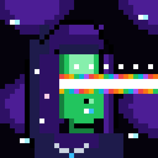A pixel art character with a green face and purple hood is glitched with colorful digital noise across its eyes. The image appears to be a teaser NFT artwork being promoted for an upcoming mint on OpenSea via Robinhood.
