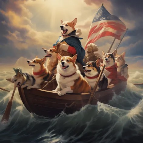 A humorous AI-generated illustration of Corgi dogs dressed as the American Founding Fathers rowing a wooden boat through ocean waves, with one holding an early American flag.