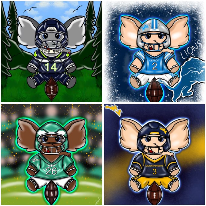 A 2x2 grid of four cartoon mice dressed in NFL football uniforms: Seattle Seahawks #14, Detroit Lions #2, Philadelphia Eagles #26, and a Mountaineers #3 jersey, each holding a football.