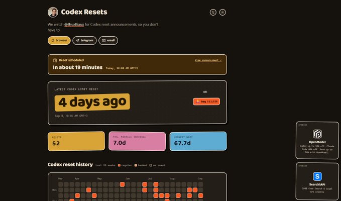 A 'Codex Resets' dashboard showing a reset scheduled in about 19 minutes, with the latest reset being 4 days ago, and statistics including 52 resets, 7.0d average interval, and 67.7d longest wait, alongside a history heatmap.