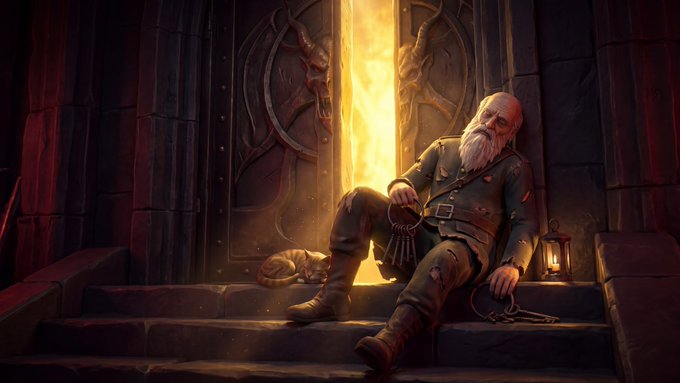 A fantasy digital illustration of a bald, bearded warrior in worn green clothing sitting on stone steps with keys and a lantern, accompanied by a small cat, against a glowing doorway.