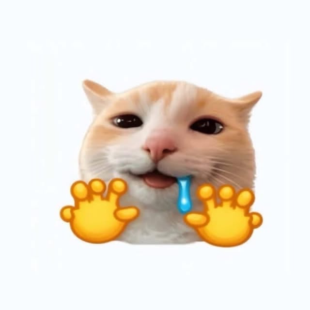 A close-up of an orange and white cat with its tongue out, drooling, surrounded by cat paw emojis on a white background.