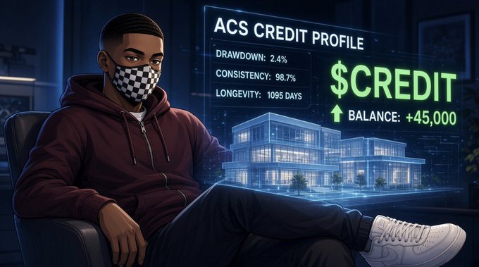 A masked figure sits relaxed in a chair beside a glowing holographic display showing their **ACS CREDIT PROFILE** with metrics like **DRAWDOWN: 2.4%**, **CONSISTENCY: 98.7%**, **LONGEVITY: 1095 DAYS**, and a **$CREDIT BALANCE: +45,000** above a wireframe building.

The image visually reinforces the post's theme of trust built through verifiable track record—pairing the anonymous "masked trader" archetype with transparent performance metrics, suggesting that real credibility ($CREDIT) comes from proven consistency and longevity rather than mere execution.