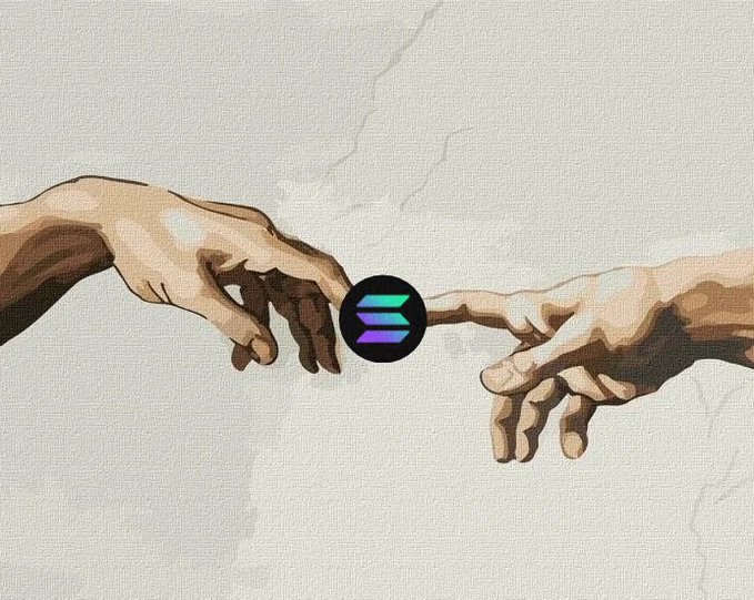 The image features two hands reaching out towards each other, with a green and purple symbol between them. Below the hands, there's a text that reads "I will always choose Solana". The background of the image is white, which contrasts nicely with the colorful symbols on the hands.