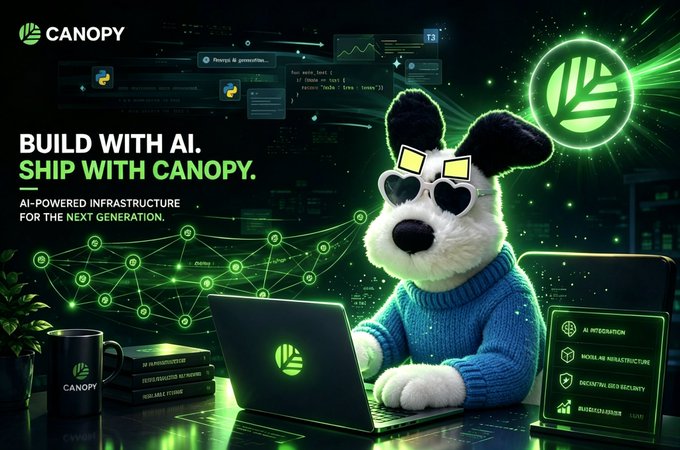 A mascot dog in sunglasses works on a glowing green laptop surrounded by network nodes and dashboards, with the text "BUILD WITH AI. SHIP WITH CANOPY." and "AI-POWERED INFRASTRUCTURE FOR THE NEXT GENERATION" alongside the Canopy logo, visually promoting CNPYNetwork as an AI-driven infrastructure platform highlighted in the post about its $8.5M funding and L2 development advantages.