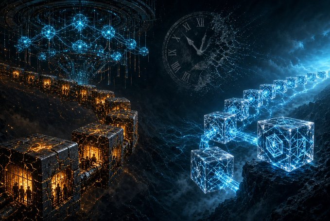A dark fantasy digital artwork depicting two contrasting paths: on the left, glowing orange-lit dungeon cells imprisoning shadowy figures, and on the right, an ascending staircase of luminous blue cubes reaching toward a cosmic network of nodes. A shattered clock face and floating particles drift through the misty central space.
