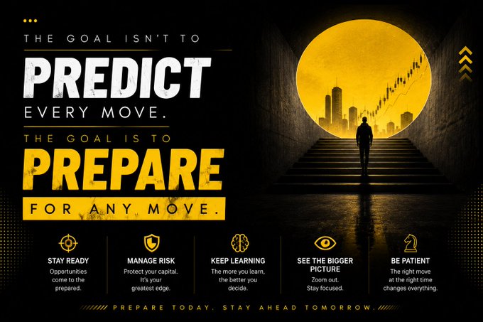 The image features a bold motivational graphic with a silhouetted figure walking toward a glowing yellow sun over a city skyline, displaying the message "The goal isn't to predict every move. The goal is to prepare for any move," along with five guiding principles: Stay Ready, Manage Risk, Keep Learning, See the Bigger Picture, and Be Patient.

The image reinforces the post's message about navigating digital asset volatility by emphasizing that rather than chasing every trending token or reacting to influencer hype, traders should focus on preparation, risk management, and patience—the five principles shown align with stepping away from the noise and waiting for the right opportunity to act.