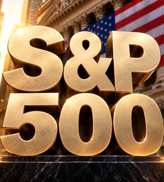 Large golden 3D text reading 'S&P 500' is displayed in front of the New York Stock Exchange building with American flags.