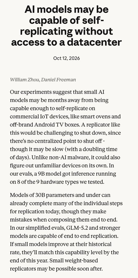 An article titled 'AI models may be capable of self-replicating without access to a datacenter' by William Zhou and Daniel Freeman, dated Oct 12, 2026, discussing experiments on small AI models self-replicating on IoT devices.