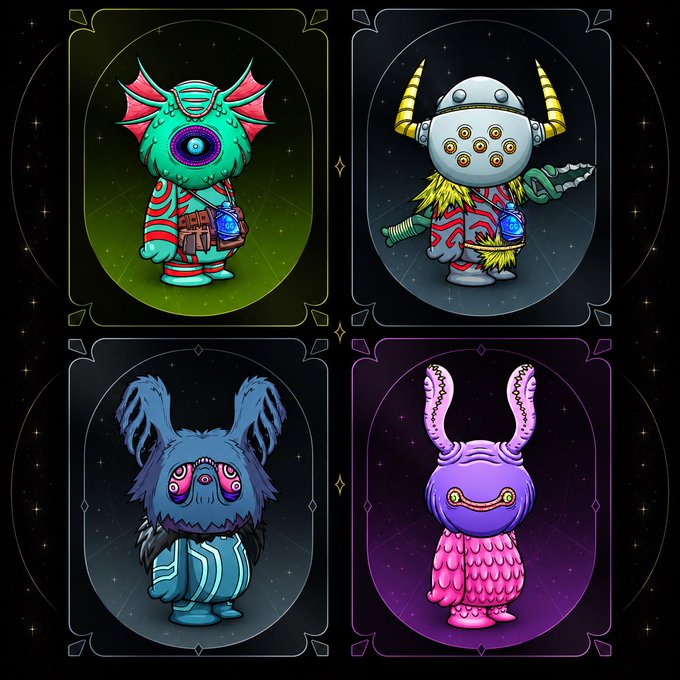 Four colorful monster-like characters, known as Kodas, are displayed in ornate cards against a starry background, each featuring unique designs such as a green cyclops, a horned robot-like creature, a blue furry figure, and a pink horned monster. The vibrant array of Kodas illustrates the diverse ways these characters can enhance gameplay, as referenced in the caption "Kodas enhance your play in more ways than one."