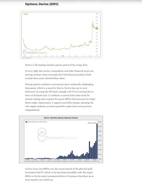 The screenshot shows a blog post titled "Options: Derive (DRV)" featuring two charts: a line graph of DRV's stock price showing a sharp rise, and a bar chart displaying Derive Monthly Options Notional Volume. The accompanying post summarizes the blog's thesis on DeriveXYZ, an on-chain options protocol generating trading volumes that have pushed DRV to the top of RAIT (Real World Asset Token) rankings.