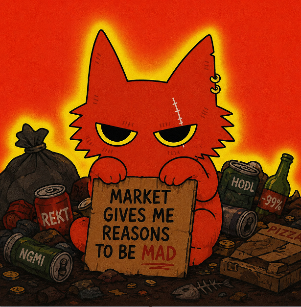 A cartoon red cat holding a sign reading 'MARKET GIVES ME REASONS TO BE MAD', surrounded by trash labeled 'REKT', 'NGMI', '-99%', 'HODL', and 'PIZZA'.